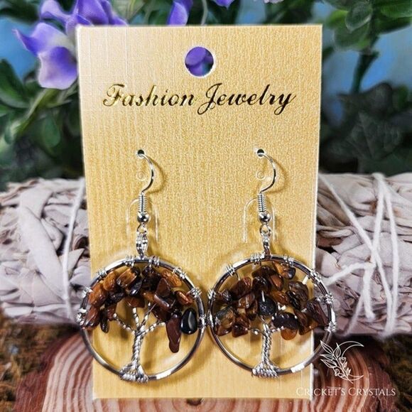 Tiger's Eye Tree of Life Earrings #13 - Picture 1 of 2